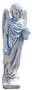 Casa Padrino Jugendstil Garten Deko Skulptur Engel mit Blumen Grau 30 x 30 x H. 104 cm - Elegante Garten Deko Stein Figur - Barock & Jugendstil Garten Deko Accessoires - Garten Deko Skulpturen