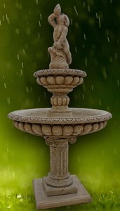 Casa Padrino Barock Gartenbrunnen Junge mit Muschel Dunkelgrau  114 x H. 220 cm - 2 Stufiger Springbrunnen - Gartendeko Brunnen