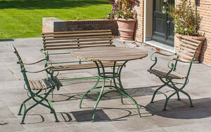 Casa Padrino Luxus Jugendstil Gartenm�bel Set Naturfarben / Gr�n - 1 Garten Tisch & 1 Garten Sitzbank & 2 Garten St�hle - Garten M�bel - Terrassen M�bel - Gastronomie M�bel