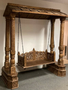 Casa Padrino Jugendstil Gartenschaukel Braun - Antike handgeschitzte Massivholz Schaukel mit Dach - Antike Barock & Jugendstil Garten & Terrassen M�bel