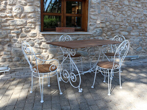 Casa Padrino Jugendstil Garten Esstisch Dunkelbraun / Wei� 180 x 80 x H. 76 cm - Nostalgischer Schmiedeeisen Gartentisch mit Massivholz Tischplatte - Nostalgische Jugendstil Garten M�bel