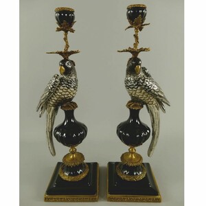 Casa Padrino Jugendstil Kerzenhalter Set Papageien Schwarz / Gold H. 48 cm