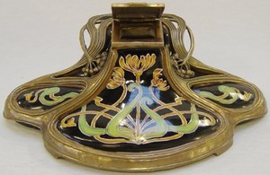 Casa Padrino Jugendstil Tintenfass Mehrfarbig / Messing H. 8 cm - Schreibtisch Deko Accessoires