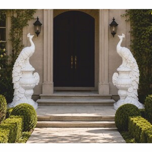 Casa Padrino Barock Marmor Skulpturen Set 2 Pfauen Wei� H. 180 cm - Prunkvolle Barockstil Marmor Figuren - Garten & Terrassen Deko