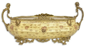 Casa Padrino Jugendstil Blumenschale Beige / Messingfarben 45 x 23,7 x H. 5,3 cm - Porzellan Pflanzenschale - Barock & Jugendstil Deko Accessoires