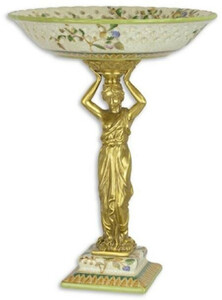 Casa Padrino Jugendstil Deko Schale Mehrfarbig / Gold  25 x H. 33,2 cm - Elegante Porzellan Obstschale mit dekorativer Bronzefigur - Barock & Jugendstil Deko Accessoires