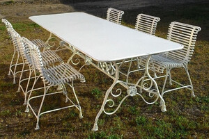 Casa Padrino Jugendstil Schmiedeeisen Garten M�bel Set Antik Wei� - 1 Jugendstil Garten Esstisch & 6 Jugendstil Garten St�hle - Barock & Jugendstil Gastronomie & Garten M�bel