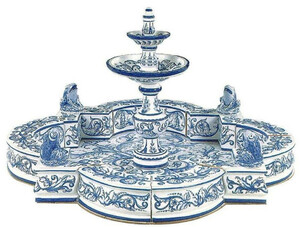 Casa Padrino Luxus Jugendstil Springbrunnen Wei / Blau 131 x 131 x H. 72 cm - Handgefertigter & Handbemalter Keramik Gartenbrunnen - Barock & Jugendstil Garten Deko Accessoires