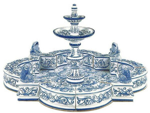 Casa Padrino Luxus Jugendstil Springbrunnen Wei� / Blau 131 x 131 x H. 72 cm - Handgefertigter & Handbemalter Keramik Gartenbrunnen - Barock & Jugendstil Garten Deko Accessoires