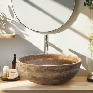 Casa Padrino Luxus Travertin Waschbecken Schale Beige  40 cm - Badezimmer Accessoires