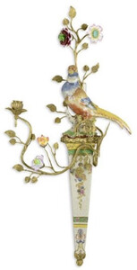 Casa Padrino Jugendstil Wandkerzenhalter Papagei Mehrfarbig / Messing 36,5 x H. 76,2 cm - Porzellan Wand Kerzenhalter - Barock & Jugendstil Wanddeko
