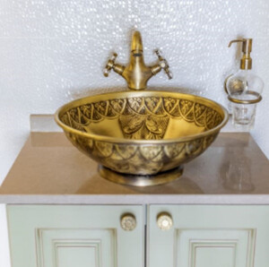 Casa Padrino Luxus Jugendstil Waschbecken Schale Antik Gelbgold  41,5 x H. 15,5 cm - Rundes Retro Messing Waschbecken - Badezimmer Accessoires - Luxus Jugendstil Badezimmer Zubehr