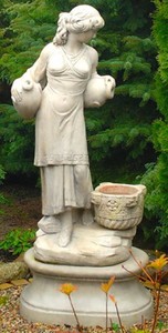 Casa Padrino Jugendstil Wasserspeier Skulptur Frau mit Kr�gen und dekorativem Blumentopf Grau 63 x 61 x H. 140 cm - Gartendeko Statue Steinfigur 