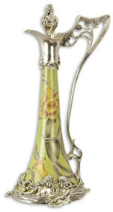 Casa Padrino Jugendstil Weinkrug Grn / Silber 15,5 x 15,2 x H. 33,5 cm - Porzellan Krug mit Deckel und Blumen Design - Barock & Jugendstil Deko Accessoires