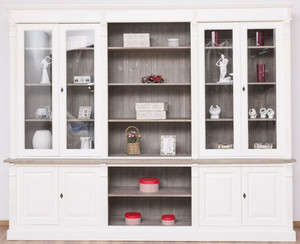 Casa Padrino Landhausstil Bcherschrank Wei / Braungrau 286 x 51 x H. 228 cm - Massivholz Schrank - Wohnzimmerschrank - Broschrank - Landhausstil Mbel