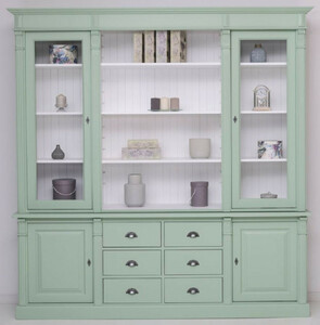 Casa Padrino Landhausstil Esszimmerschrank Hellgrn / Wei 223 x 51 x H. 228 cm - Massivholz Schrank - Kchenschrank - Landhausstil Esszimmer Mbel