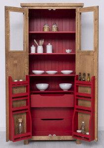 Casa Padrino Landhausstil Esszimmerschrank Naturfarben / Rot 96 x 65 x H. 220 cm - Massivholz Kchenschrank mit 2 Tren - Esszimmer Mbel im Landhausstil - Landhausstil Esszimmer Einrichtung