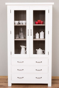 Casa Padrino Landhausstil K�chenschrank Wei� / Grau 100 x 50 x H. 180 cm - Massivholz Vitrinenschrank mit 2 Glast�ren und 3 Schubladen - Landhausstil K�chen M�bel