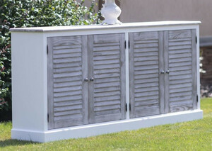 Casa Padrino Landhausstil Sideboard Wei� / Grau 209 x 37 x H. 90 cm - Massivholz Schrank mit 4 T�ren - Massivholz M�bel - Esszimmer M�bel - Landhausstil M�bel