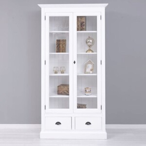 Casa Padrino Landhausstil Schrank Wei� 110 x H. 210 cm - Massivholz B�cherschrank mit 2 Glast�ren & 2 Schubladen