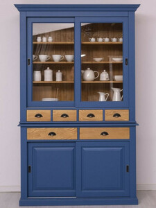 Casa Padrino Landhausstil Esszimmerschrank Blau / Naturfarben 142 x 48 x H. 225 cm - Massivholz Kchenschrank - Landhausstil Esszimmer Mbel