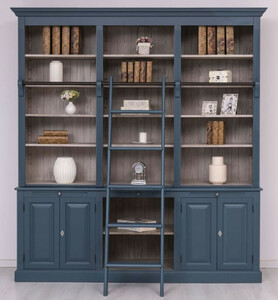 Casa Padrino Landhausstil B�cherschrank mit Leiter Blau / Grau 229 x 51 x H. 244 cm - Massivholz Schrank - Wohnzimmerschrank - Regalschrank - B�roschrank - Landhausstil M�bel