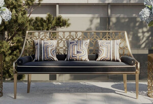 Casa Padrino Luxus Sitzbank Grau / Wei� / Gold 150 x 50 x H. 89 cm - Handgefertigte Bank mit Kissen - Garten & Terrassen Bank - Hotel M�bel - Luxus Qualit�t