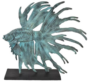 Casa Padrino Luxus Aluminium Deko Skulptur siamesischer Kampffisch T�rkis / Schwarz 55 x 11,5 x H. 52,5 cm - Aluminium Deko Figur mit Holzsockel - Wohnzimmer Deko - Schreibtisch Deko