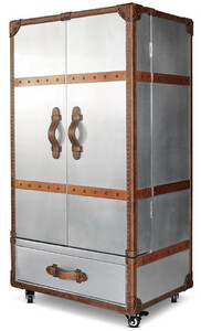 Casa Padrino Luxus Weinschrank Silber / Braun 63 x 52 x H. 130 cm - Aluminium Kofferschrank mit Echtleder - Barschrank im Koffer Design - Luxus Bar Mbel