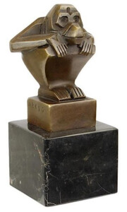 Casa Padrino Luxus Art Deco Bronze Skulptur Affe mit Marmorsockel Bronzefarben / Schwarz 6,2 x 5,6 x H. 12,6 cm - Bronzefigur - Dekofigur - Deko Accessoires