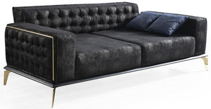 Casa Padrino Luxus Art Deco Chesterfield Sofa Schwarz / Grau / Messingfarben 236 x 99 x H. 86 cm - Edles Wohnzimmer Sofa mit dekorativen Kissen - Luxus Qualitt