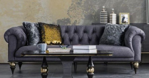 Casa Padrino Luxus Art Deco Chesterfield Wohnzimmer Sofa Dunkelgrau / Schwarz / Messingfarben 230 x 100 x H. 82 cm - Luxus Mbel