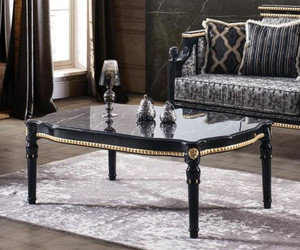 Casa Padrino Luxus Barock Couchtisch Schwarz / Gold 115 x 75 x H. 45 cm - Rechteckiger Wohnzimmertisch mit Glasplatte in Marmoroptik - Edle Wohnzimmer M�bel im Barockstil