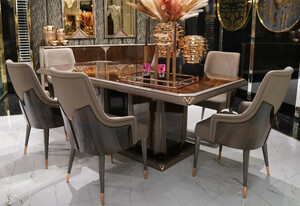 Casa Padrino Luxus Esszimmer Set Dunkelbraun / Grau / Kupfer - 1 Luxus Esstisch & 6 Luxus Esszimmerst�hle - Esszimmer M�bel - Luxus M�bel - Luxus Einrichtung - Esszimmer Einrichtung