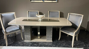 Casa Padrino Luxus Art Deco Esszimmer Set Hellblau / Creme / Gold - 1 Art Deco Esstisch & 6 Art Deco Esszimmerst�hle - Esszimmer M�bel - Art Deco M�bel - Luxus M�bel - Art Deco Einrichtung