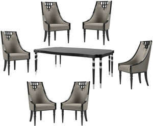Casa Padrino Luxus Art Deco Esszimmer Set Grau / Schwarz / Silber - 1 Esszimmertisch & 6 Esszimmerst�hle - Art Deco Esszimmer M�bel - Luxus Qualit�t
