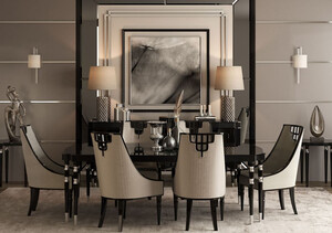 Casa Padrino Luxus Art Deco Esszimmer Set Grau / Schwarz / Silber - 1 Art Deco Esstisch & 6 Art Deco Esszimmer Sthle - Art Deco Esszimmer Mbel - Luxus Qualitt