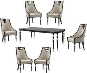 Casa Padrino Luxus Art Deco Esszimmer Set Beige / Schwarz / Silber - 1 Esszimmertisch & 6 Esszimmerst�hle - Art Deco Esszimmer M�bel - Luxus Qualit�t