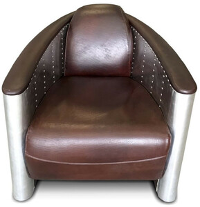 Casa Padrino Luxus Art Deco Leder Sessel 80 x 95 x H. 90 cm - Verschiedene Farben - Aluminium Wohnzimmer Sessel mit Echtleder - Aluminium Flugzeug Flieger Sessel Mbel