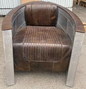 Casa Padrino Luxus Art Deco Leder Sessel Vintage Dunkelbraun / Silber - Aluminium Wohnzimmer Sessel mit hochwertigem Echtleder - Lounge Sessel - Flugzeug Flieger Echtleder Mbel