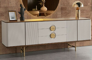 Casa Padrino Luxus Sideboard Hellgrau / Braun / Messing 220 x 50 x H. 80 cm - Massivholz Schrank mit 4 T�ren und 3 Schubladen - Massivholz M�bel - Luxus M�bel - Luxus Einrichtung
