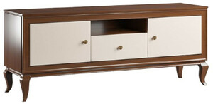 Casa Padrino Luxus Art Deco TV Schrank Dunkelbraun / Cremefarben 156 x 43,5 x H. 67 cm - Massivholz Schrank mit 2 T�ren und Schublade - Art Deco Wohnzimmer M�bel