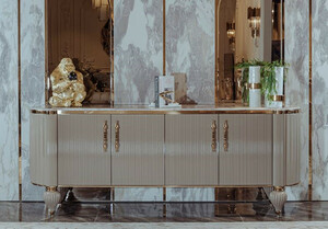 Casa Padrino Luxus Art Deco Sideboard Grau / Wei / Gold 235 x 54 x H. 90 cm - Edler Massivholz Schrank mit 4 Tren und Kunstmarmor Platte - Art Deco Mbel - Luxus Qualitt