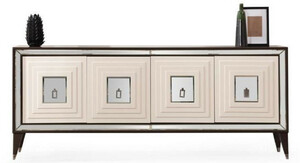 Casa Padrino Luxus Sideboard Dunkelbraun / Creme / Silber 220 x 48 x H. 90 cm - Verspiegelter Massivholz Schrank mit 4 T�ren - Esszimmer M�bel - Luxus M�bel - Luxus Einrichtung