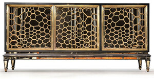 Casa Padrino Luxus Art Deco Sideboard Schwarz / Gold / Messing 204 x 52,5 x H. 96 cm - Verspiegelter Massivholz Schrank mit 3 Tren - Art Deco Mbel - Luxus Mbel