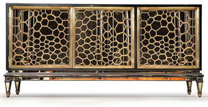 Casa Padrino Luxus Art Deco Sideboard Schwarz / Gold / Messing 204 x 52,5 x H. 96 cm - Verspiegelter Massivholz Schrank mit 3 T�ren - Art Deco M�bel - Luxus M�bel