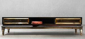 Casa Padrino Luxus Art Deco TV Schrank Schwarz / Gold / Messing 204 x 46 x H. 52,5 cm - Wohnzimmer Sideboard mit 2 Schubladen - Art Deco Mbel - Wohnzimmer Mbel - Luxus Mbel