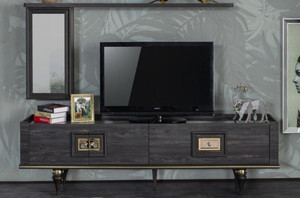 Casa Padrino Luxus Art Deco TV Schrank Grau / Schwarz / Messingfarben 226 x 44 x H. 65 cm - Edler Wohnzimmer Fernsehschrank mit Schublade und 2 Tren - Art Deco Mbel