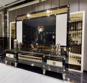 Casa Padrino Luxus Art Deco TV Schrank Set Schwarz / Wei / Gold - Prunkvolles Wohnzimmer Sideboard mit TV Rckwand - Art Deco Wohnzimmer Mbel - Luxus Kollektion
