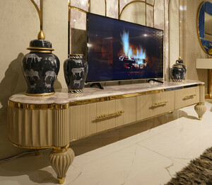 Casa Padrino Luxus Art Deco TV Schrank Wei / Grau / Gold - Handgefertigtes Massivholz Sideboard mit 3 Schubladen - Luxus Art Deco Wohnzimmer & Hotel Mbel